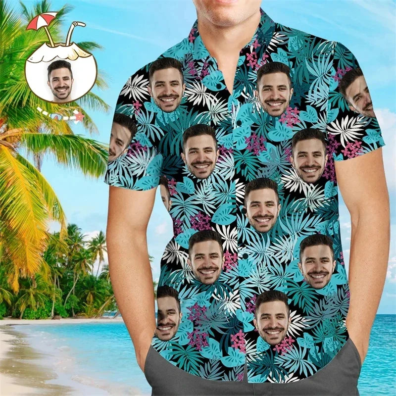 Funy Custom Image Graphic Shirts For Men Clothes Hawaii Diy Photo 3D Print Female Lapel Blouse Personalized Design Short Sleeve