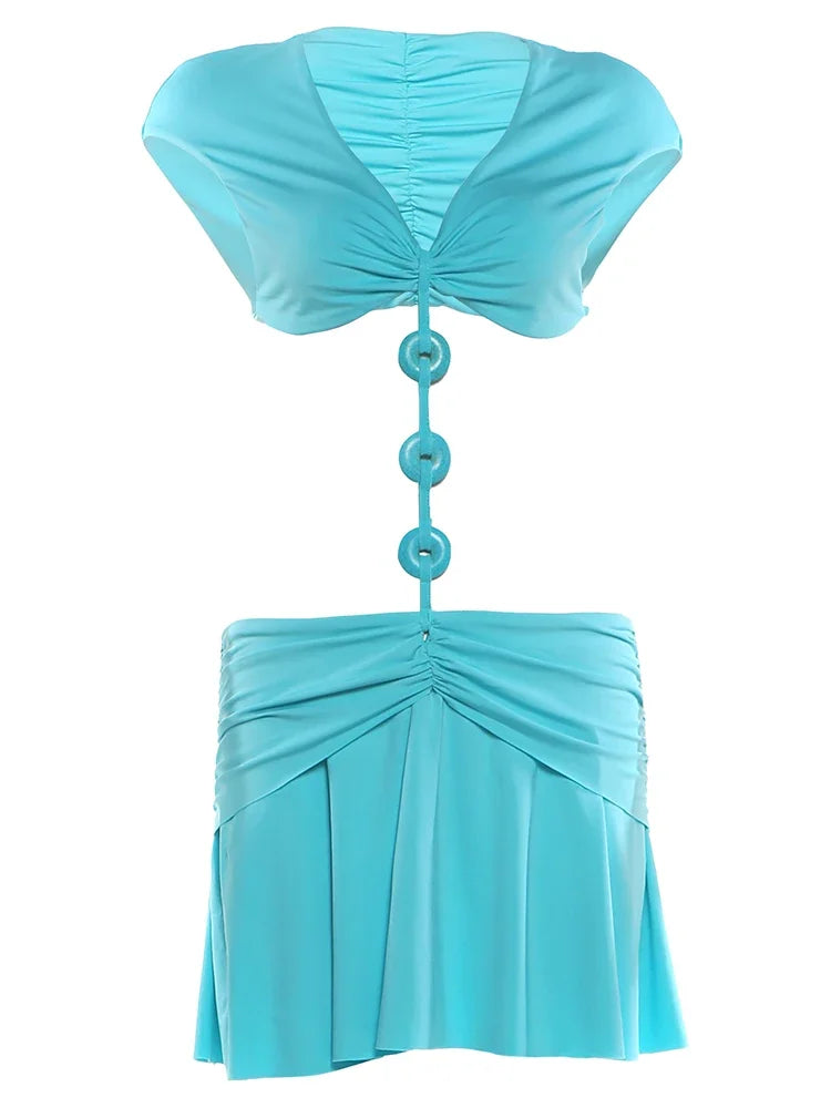 Joskaa Buckle Patchwork Blue Dress Woman Sexy  V-Neck Sleeveless Hollow Design Bodycon Mini Dresses Beachwear Party Clubwear