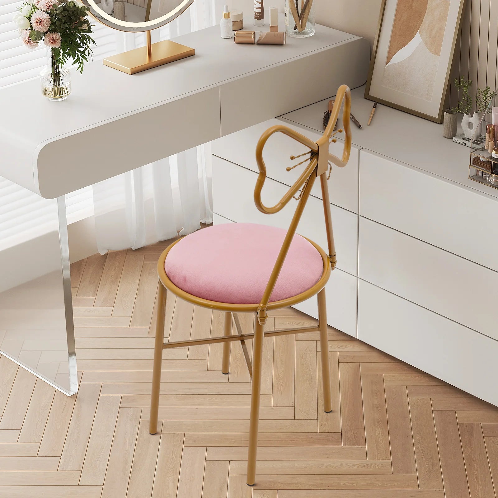 Butterfly Bow Tie Vanity Chair Modern Vanity Stool Velvet Cushion Makeup Chair Metal Frame Butterfly Backrest Chair Dining Chair
