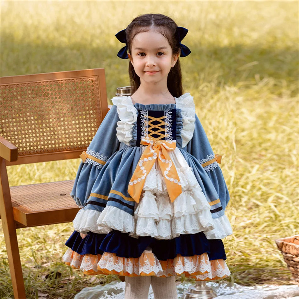 Kids Spring Autumn Lolita Dress Princess Long Sleeves Fancy Luxury Cute Costume Girls Floral Lace Vestido Toddler Birthday Gift