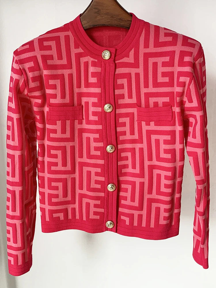 HIGH STREET Newest 2026 Designer Jacket Women's Lion Buttons Monogram Geometric Jacquard Knitted Sweater Cardigan
