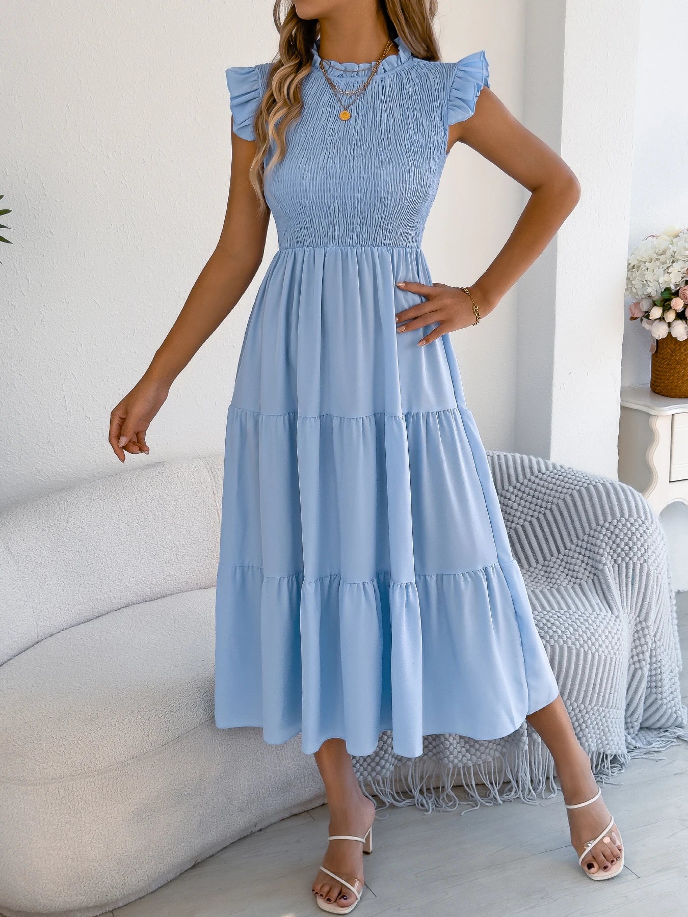 Spring Summer Elegant Ruffled Dresses for Women 2026 Casual Vacation Solid Color Round Neck Sleeveless Long Dress Blue Green
