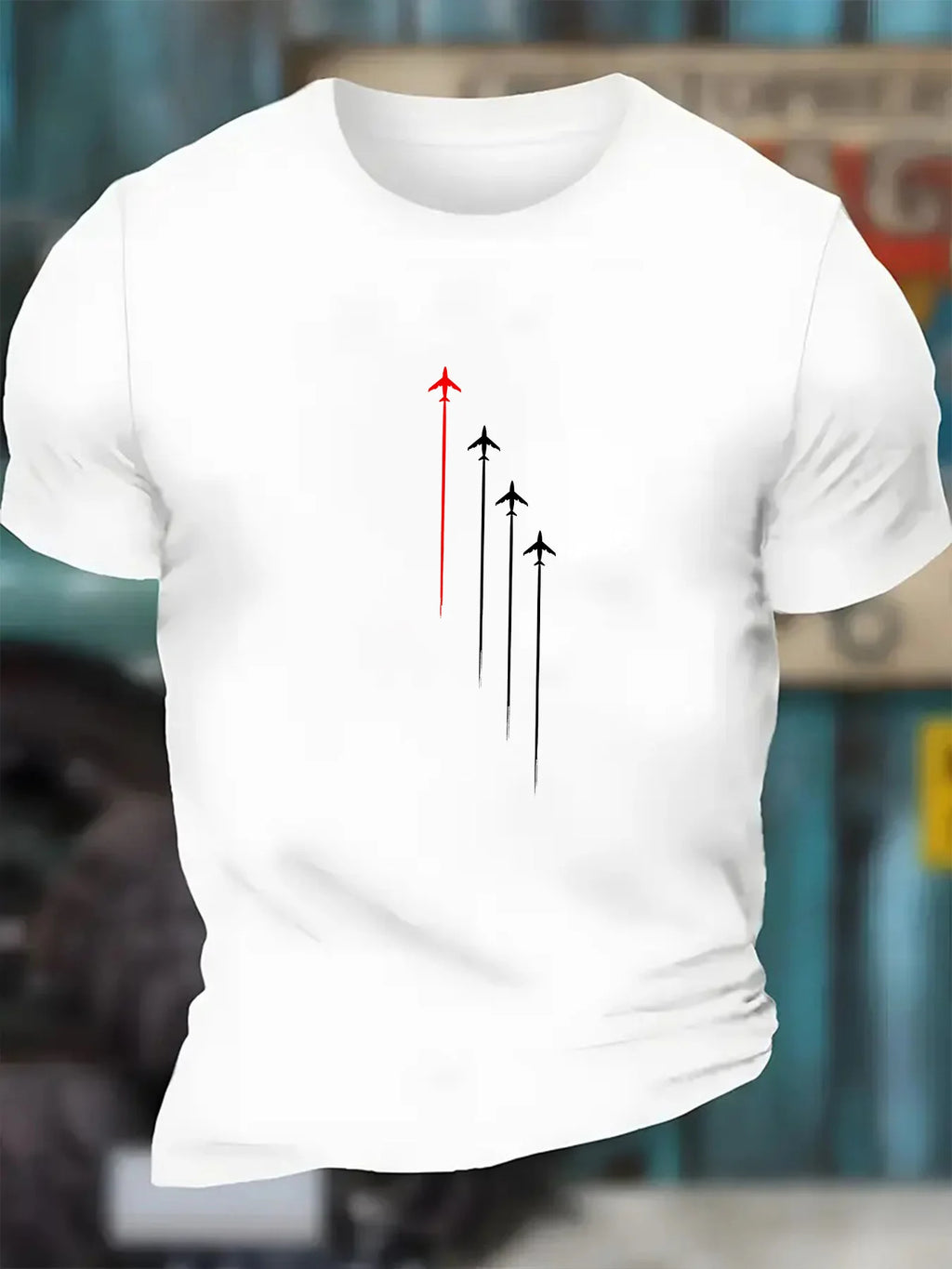 Men's Summer 100 Cotton Fashion Casual Loose Large Size Geometric Airplane Pattern Printed Round Neck Short Sleeve T-shirt Top