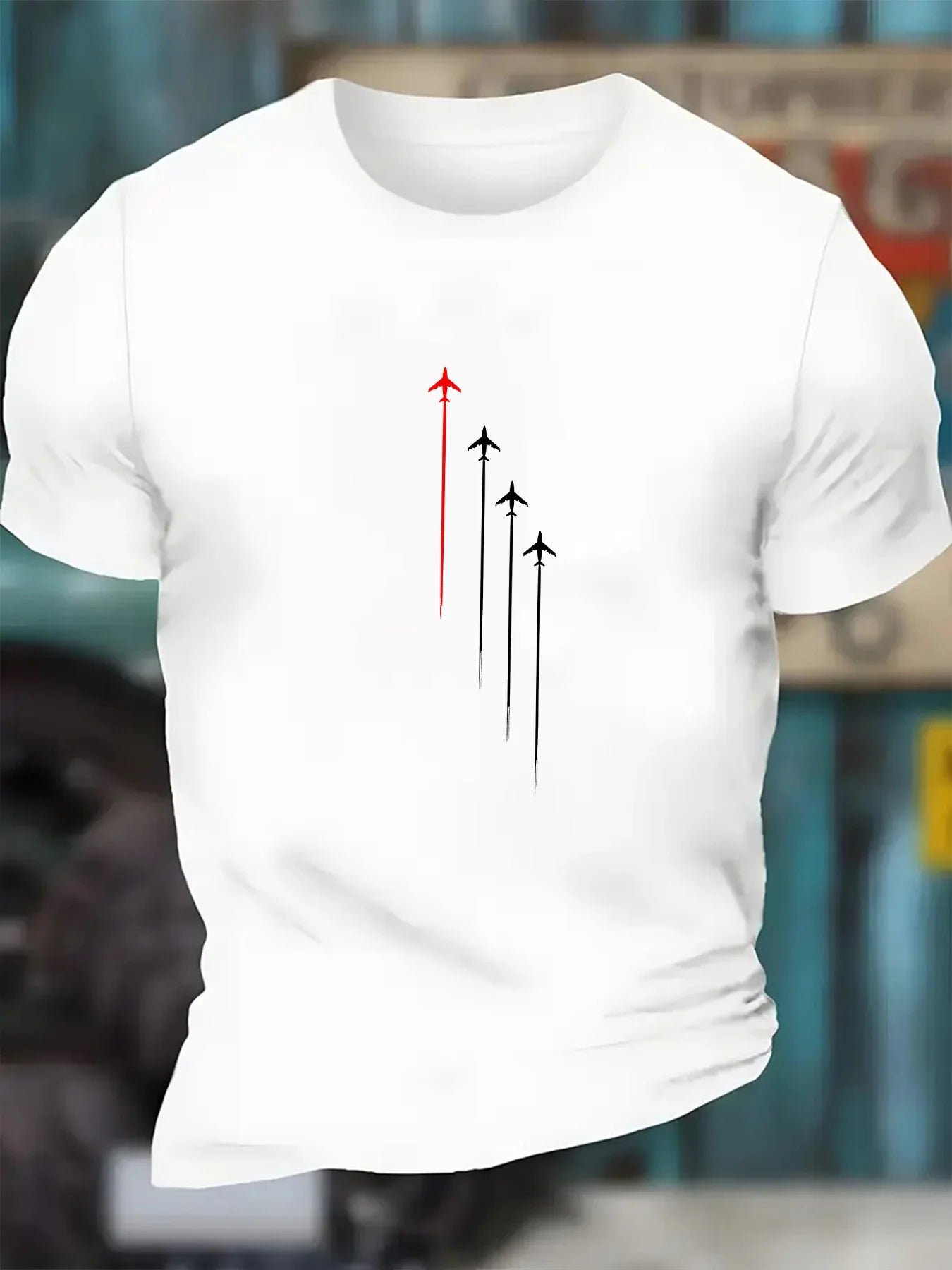 Men's Summer 100 Cotton Fashion Casual Loose Large Size Geometric Airplane Pattern Printed Round Neck Short Sleeve T-shirt Top