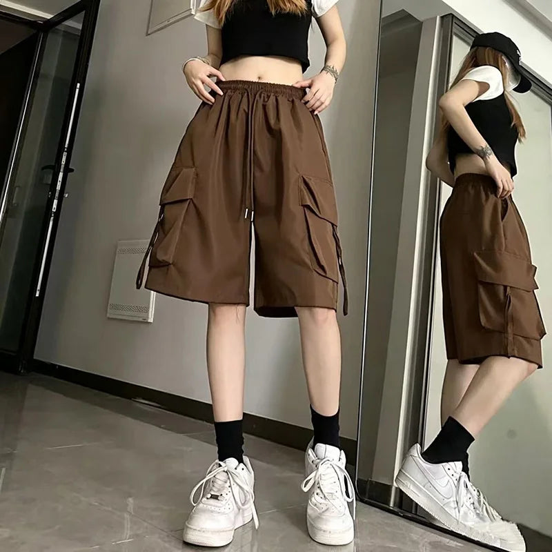 Women Casual Cargo Shorts High Waisted Loose Wide Leg Shorts Large Pockets Fashion Street Hip-hop Breathable Thin Summer Shorts