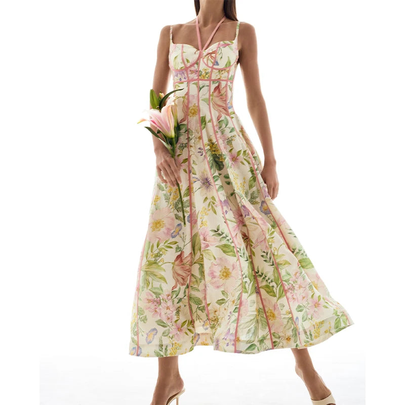 Women's Retro Floral Print Corset Maxi Dress Sexy Sleeveless Halter Neck Flowy Long Dress Lady Summer Vacation Dating Streetwear