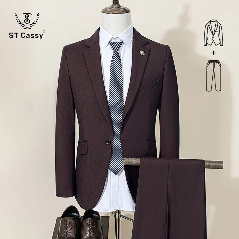 ST Cassy Dark Blue Men's Suit Slim Fit Solid Color Suit Formal Business Office Single Breasted Coat Pants 2 Pieces Set