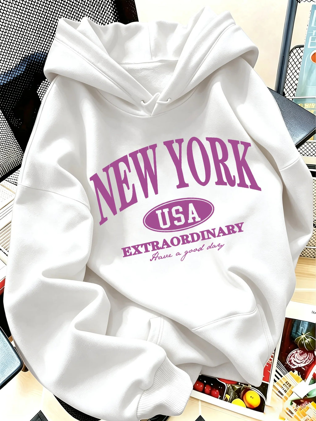 Letter NEW YORK Print Hooded Sweatshirt Women's American Vintage Style Pullovers Graphic Casual Streetwear Clothes Female Outfit