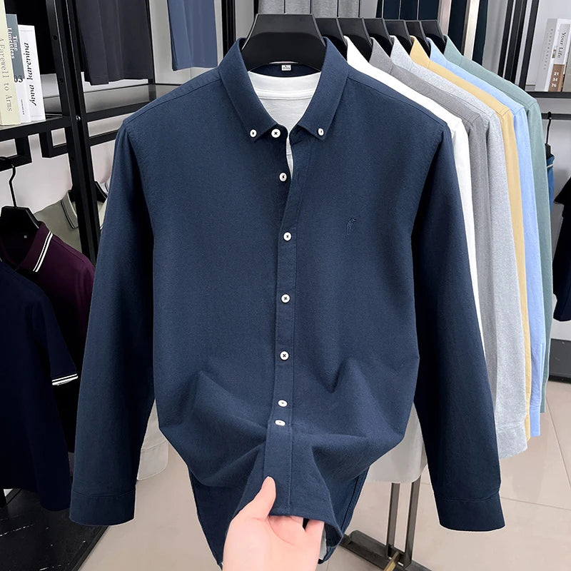 High End 100% Pure Cotton Long Sleeved Men's 2026 Spring Fashion Solid Color Business Casual Small Horse Logo Shirt