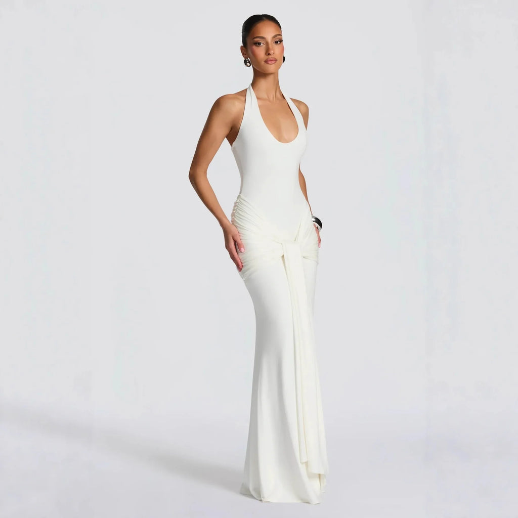 Stylish Lady Elegant Halter Neck Maxi Dress 2026 Summer Women White U-Neck Ruched Draped Sleeveless Bodycon Formal Party Dress