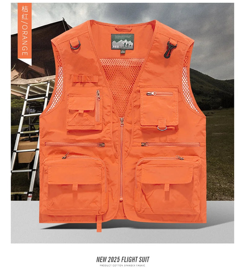 Mesh Men's Fishing Vest Multi Zip Pocket Hiking Waistcoat Male Light Thin Outdoor Sleeveless Jacket Work Summer Travel Plus Size