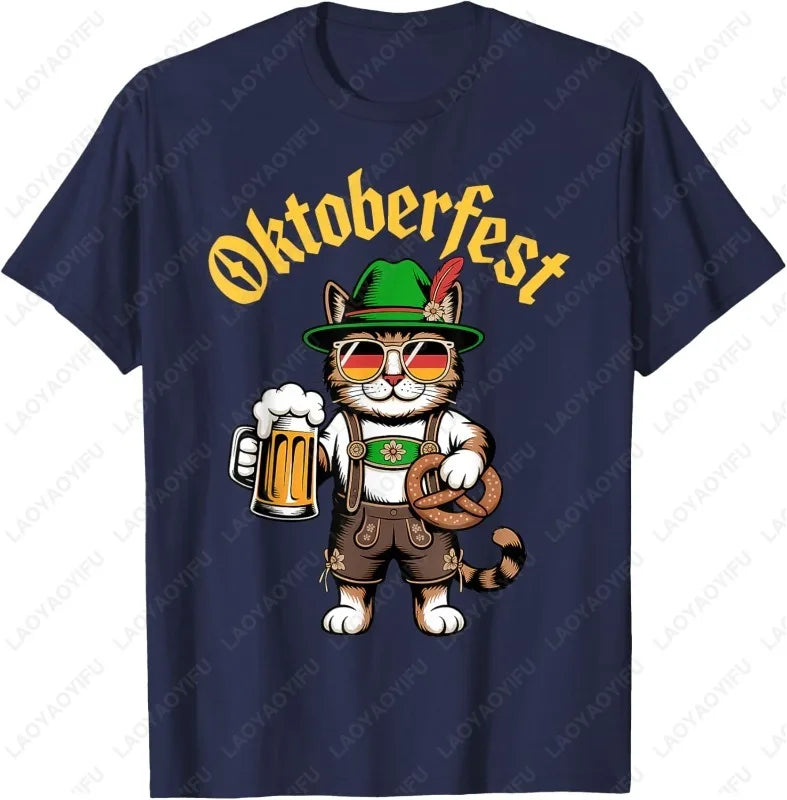 Funny Oktoberfest Cute Cat Pretzel Beer Funny Party Adults T-Shirt Fashion Y2k Streetwear Men Woman High Quality Cotton Tees