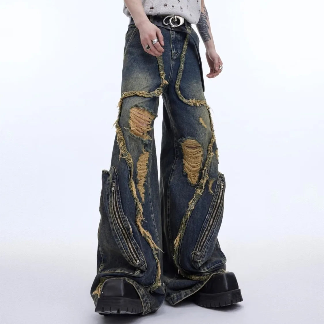 American Fashion Wornout Splicing Burr Edge Design Street Denim Pants Men 2026 New Trendy Personalized Original Male Jeans Y2K