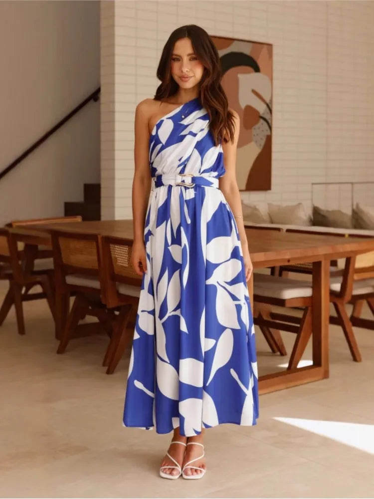 2025 Summer Fashion New Women's Sexy Vacation Dress Casual Elegant Bohemian Beach Skew Collar Off Shoulder Sashes Long Dresses