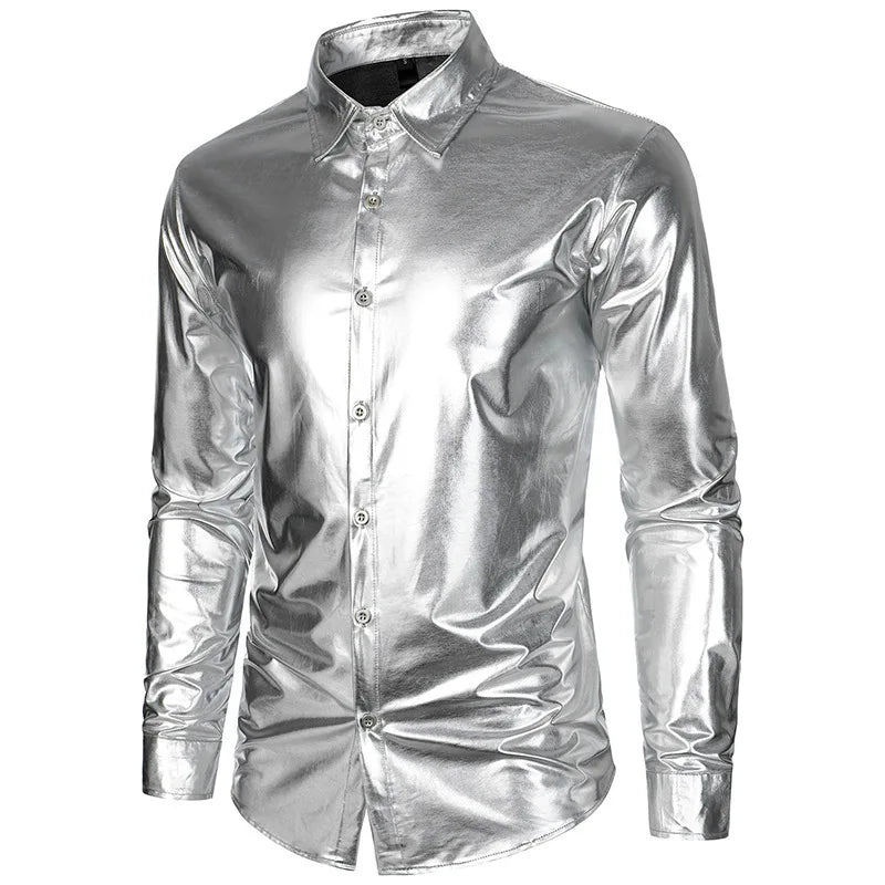 Men's Retro Gold Glossy Shirt American Casual Fashion Performance Shirts Solid Color Gorgeous Nightclub Male Shiny Tops