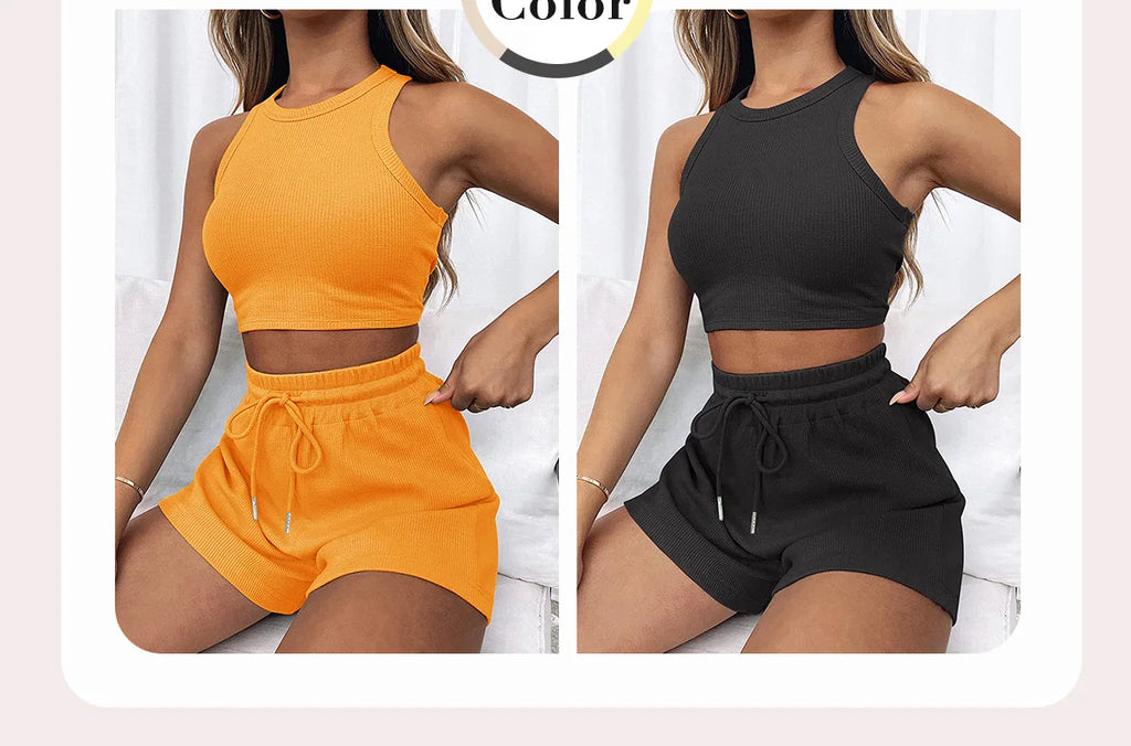 Women's Solid Waffle Textured Shorts Set, Co Ords for Women, Breathable O-Neck Crop Tank Top & Drawstring Shorts Two-piece Set