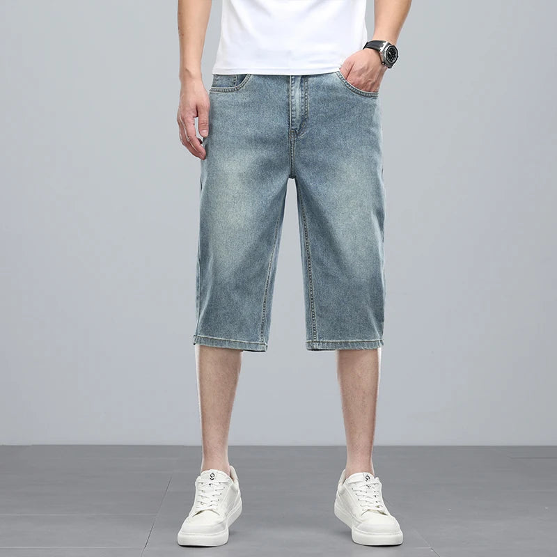 Summer men's six inch shorts over the knee thin straight tube minimalist elastic denim shorts Baggy Jeans Shorts for Men  3/4