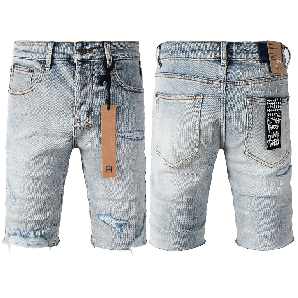 2026 Hot New Men's Blue Acid Washed Denim Shorts Distressed Ripped Embroidered Slim Fit Casual Shorts Streetwear Bottoms