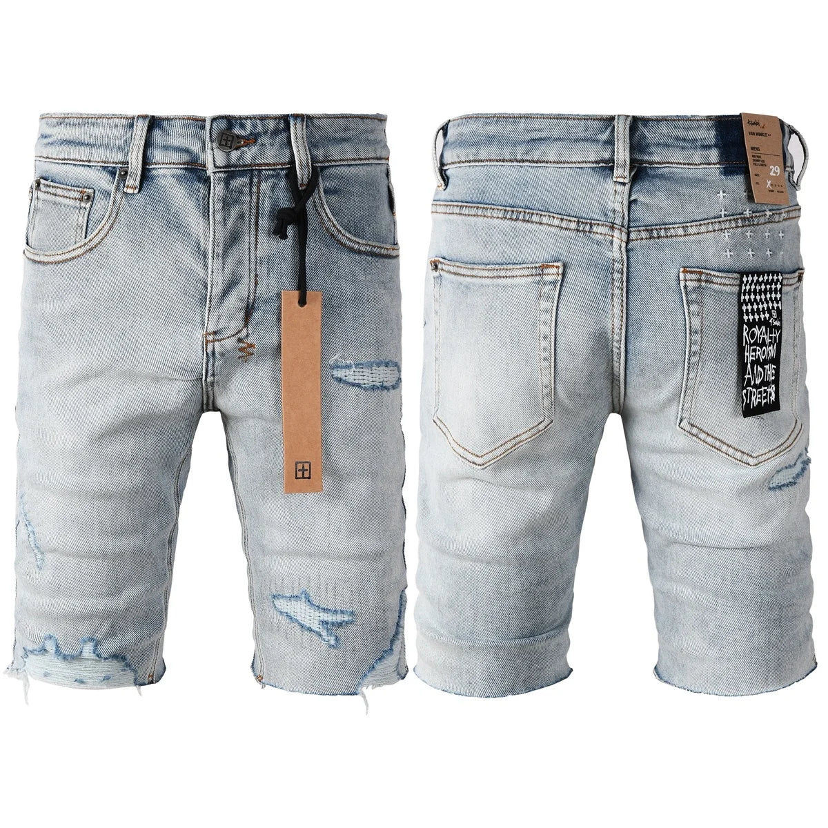 2026 Hot New Men's Blue Acid Washed Denim Shorts Distressed Ripped Embroidered Slim Fit Casual Shorts Streetwear Bottoms