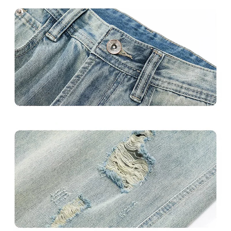 New Fashion Men Ripped Loose Straight Leg Jeans Male American Style Vintage Trend Streetwear Denim Pants Daily Casual Trousers