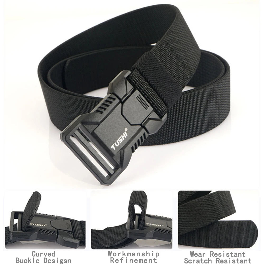 TUSHI Luxury Metal Quick Release Pluggable Buckle Belt For Men Durable Elastic Tactical Belts Cowboy Outdoor Stretch Work Belt
