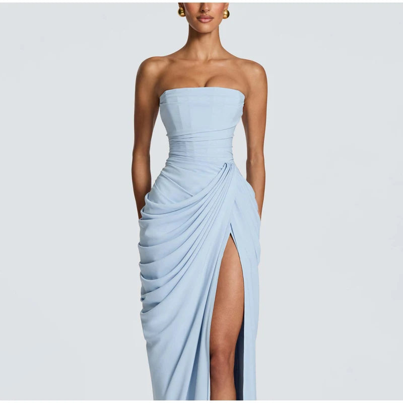 Women Sexy Solid Pleated Strapless Dress Lady Chic Off-shoulder Backless High Waist Split Dresses 2026 Summer Evening Party Gown