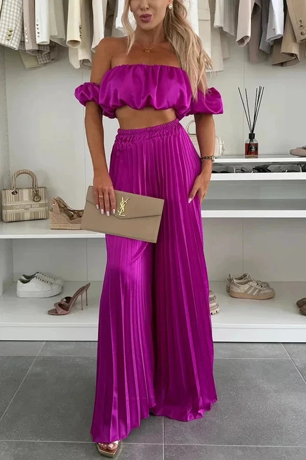 2026 Summer Women Sets Sexy Off-shoulder Sleeveless Short Tops+ Wide Leg Pants 2 Piece Sets Fashion Party Casual Trousers Outfit