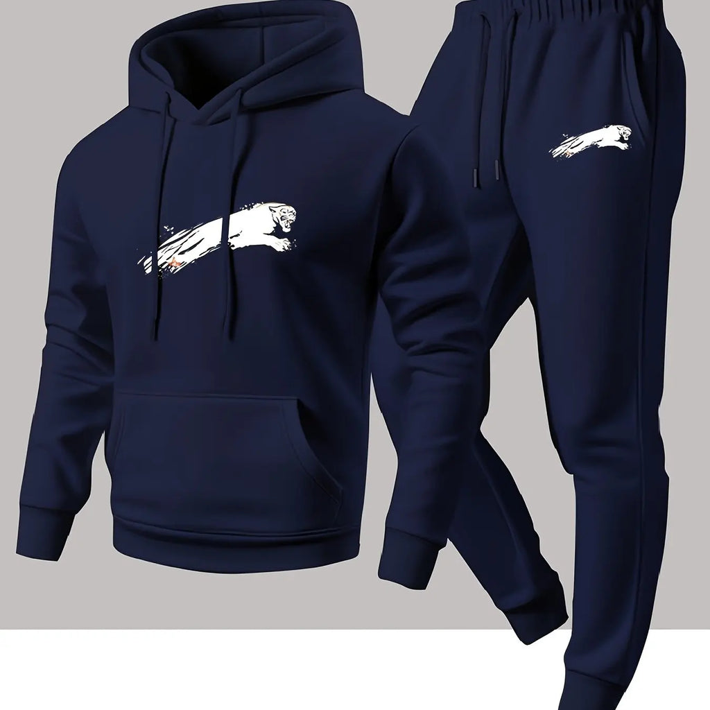 Men's street‑style black panther print hooded sweatshirt and jogging pants set - a comfortable and casual sports outfit