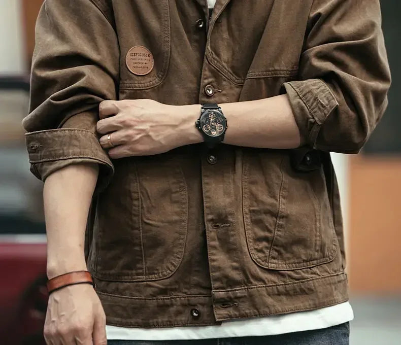 Men's Denim Jacket Vintage Brown Male Jean Coats Cargo Designer Washed Clothing Winter 2025 Korean Style Elatic Original Cowboy