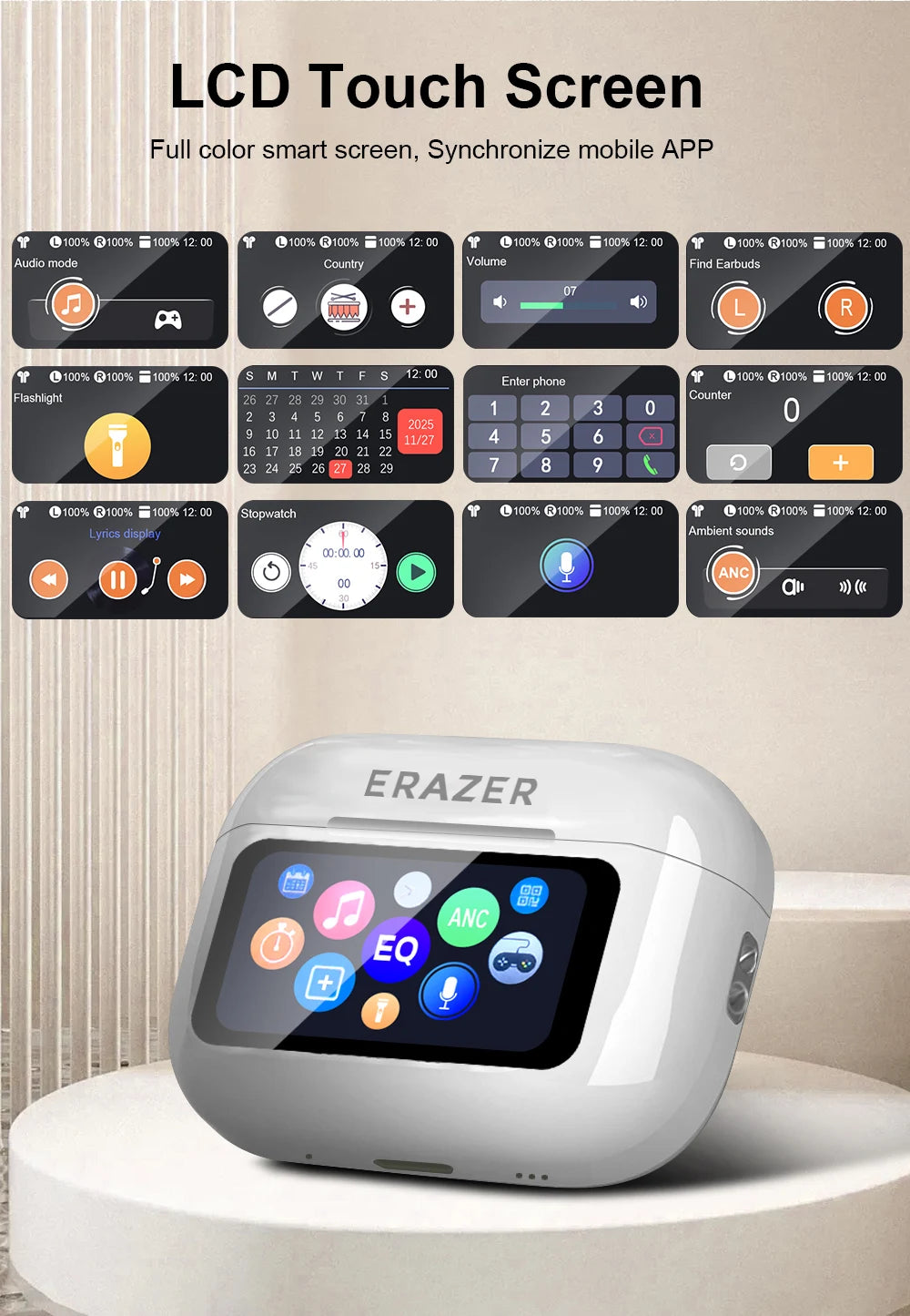 Choice ERAZER Airs Pro Wireless Bluetooth Earphones Touch Screen Headphones HiFi Earbuds ANC Noise Reduction Headsets HD Call