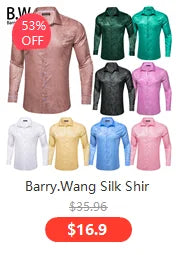 Barry.Wang Luxury Silk Mens Shirts Jacquard Floral Long Sleeve Formal Casual Breathable Male Blouses Wedding Business Prom Gift