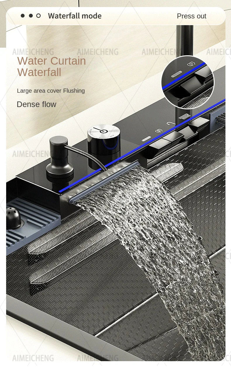 Hot Selling Stainless Steel Waterfall Kitchen Sink With Knife Holder Digital Display Faucet Set Embossed Extra Large Single Slot