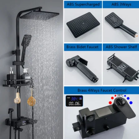 Chrome/Black Thermostat Shower Set Faucet 4 Ways Bathroom Faucet Rainfall Mixer Tap Digital Display Shower Set System Bathroom