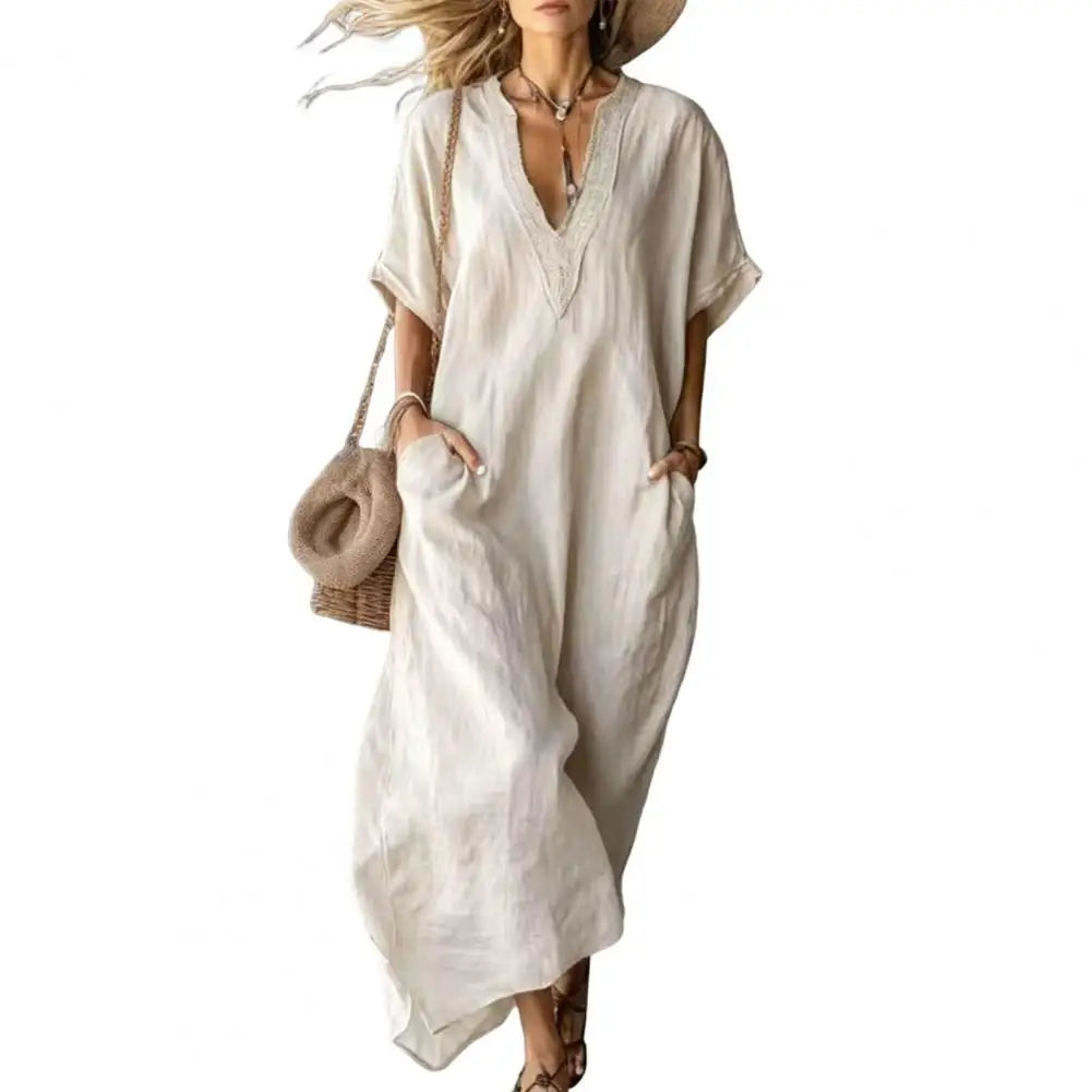 Women Dresses 2026 Casual Solid Color Short-sleeved V-neck Long Dresses Women's Clothing Vestidoes Sundress With Pockets