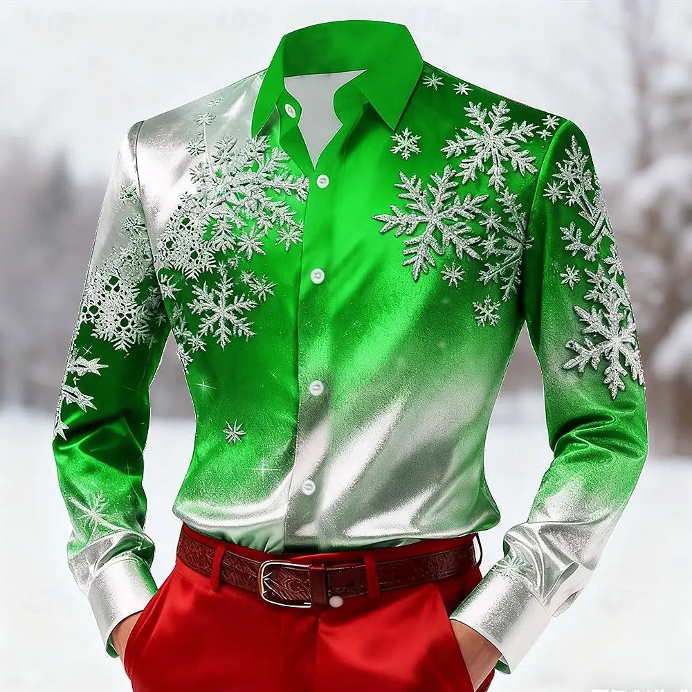 2025 Christmas Men's Snowflake Gradient Color Shirt  Dress Shirt Long Sleeve Fashion Casual Outdoor Holiday Spring Fall