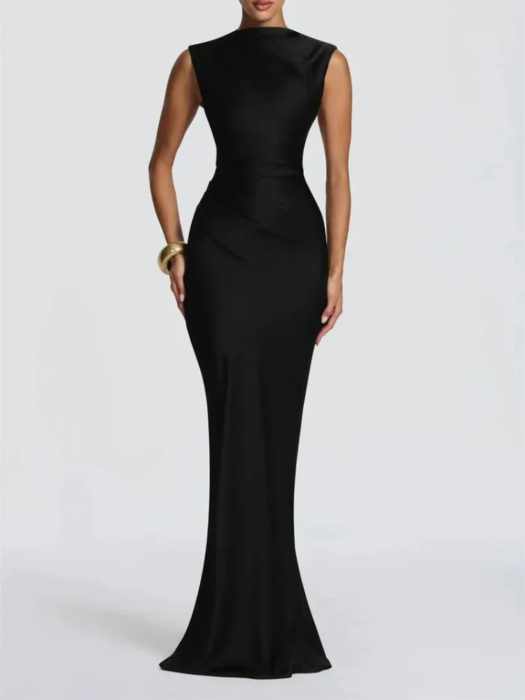 Women Fashion Solid Pleated Halter Dress Waist-cinching Sleeveless Backless Split Maxi Dresses 2026 Sexy Summer Lady Party Gowns