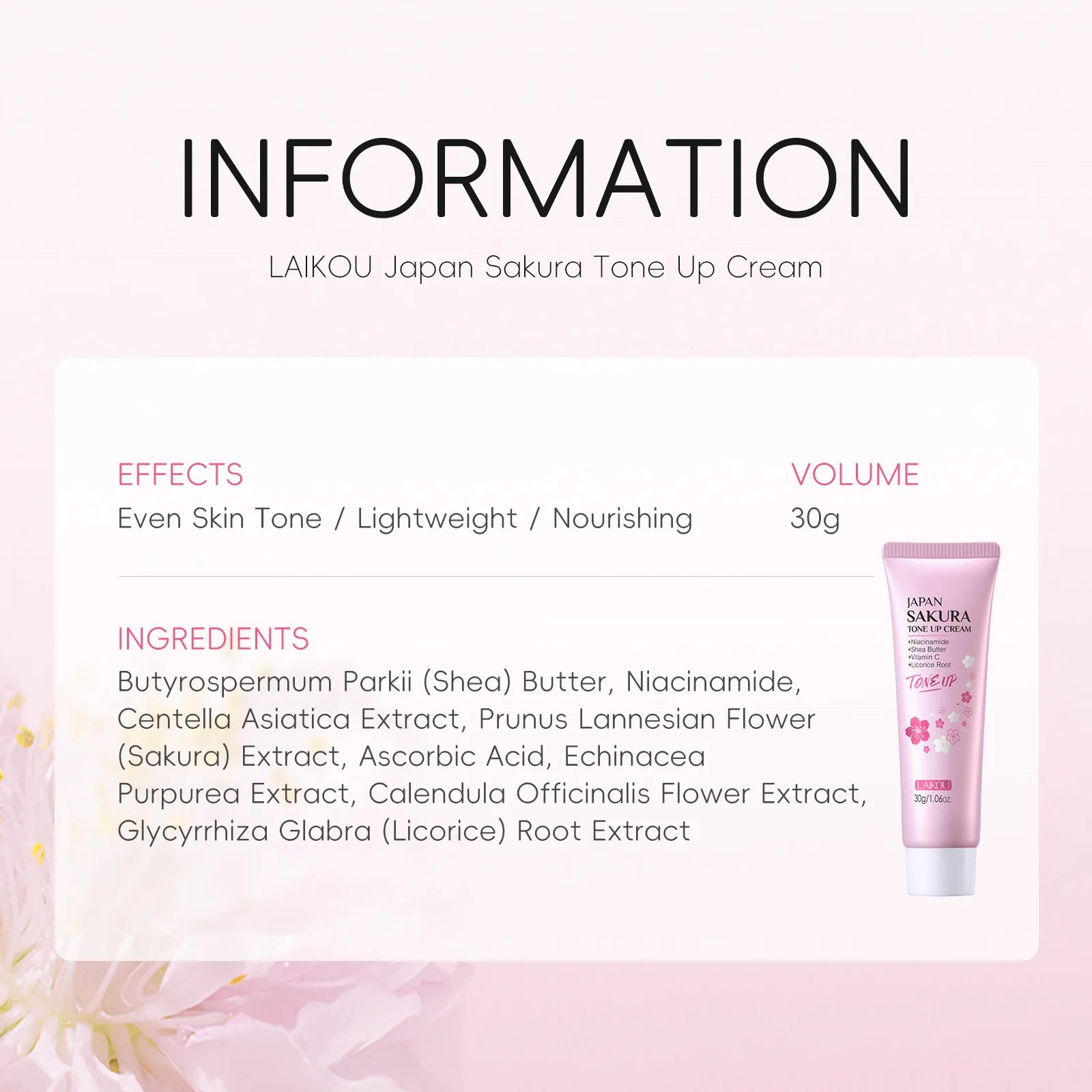 LAIKOU Cherry Blossom Suyan Cream Moisturizing Lazy Face Cream Tone up Brighten Skin Care Products Waterproof Sweatproof 30g