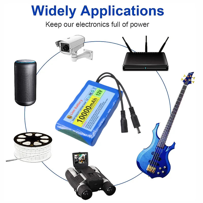 Original New Portable 12V Battery,10000mAh Rechargeable Lithium-ion 18650 Battery Pack, DC 12.6V Charger, CCTV Audio Amplifier