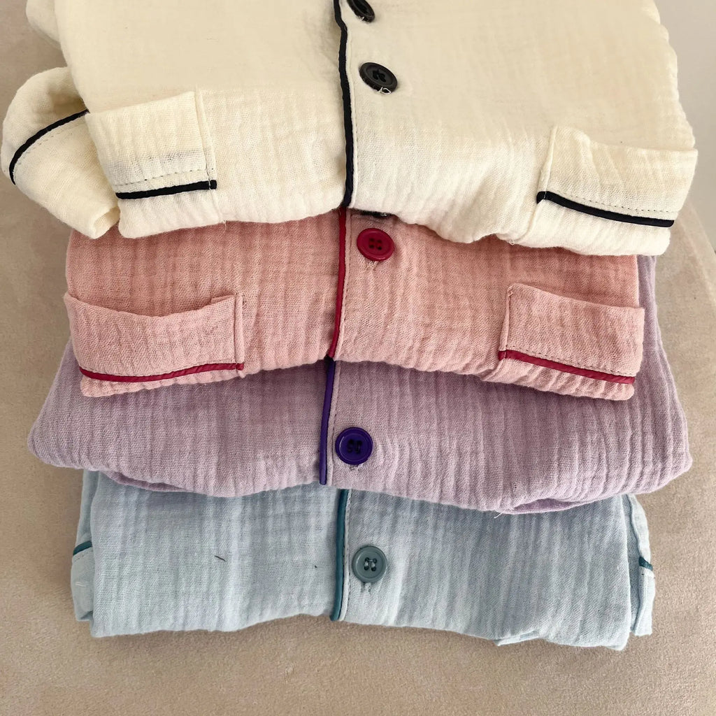 2026 New Children's Cotton Pajamas Set Soft Loose Boys Girls Clothing Turn-down Collar Button Shirt Trousers 2 Pcs Suit Pijamas