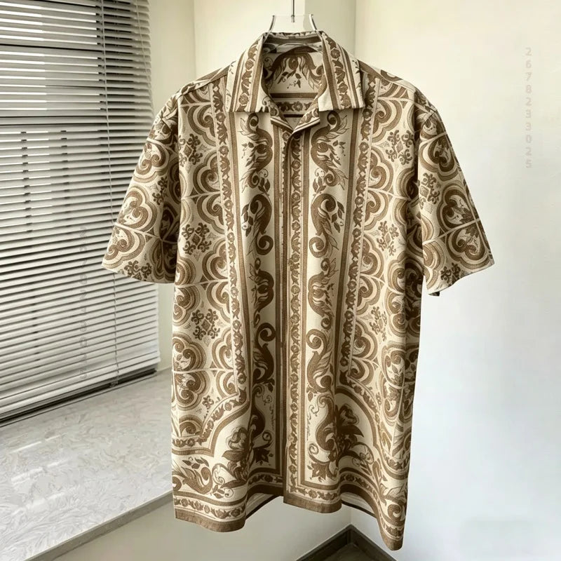 Men's shirts, summer Baroque printed shirts, loose oversized retro short sleeved shirts, vacation style versatile men's tops