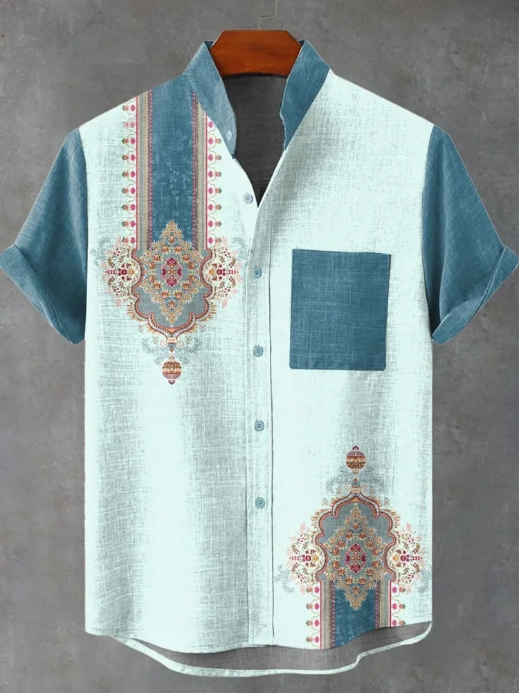 New Retro Tribal Totem Pattern Printing men's New Linen Comfortable Fabric short-sleeved Shirt Tribal Ethnic Style Fast Delivery