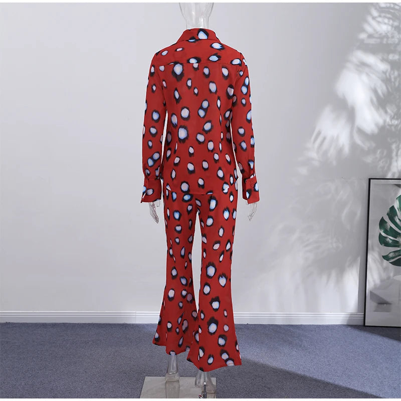 Beach Vacation Printed Shirt Pant Set Women Red See Through Lapel Full Sleeve Button Shirts Pants Suit 2026 Summer Casual Outfit