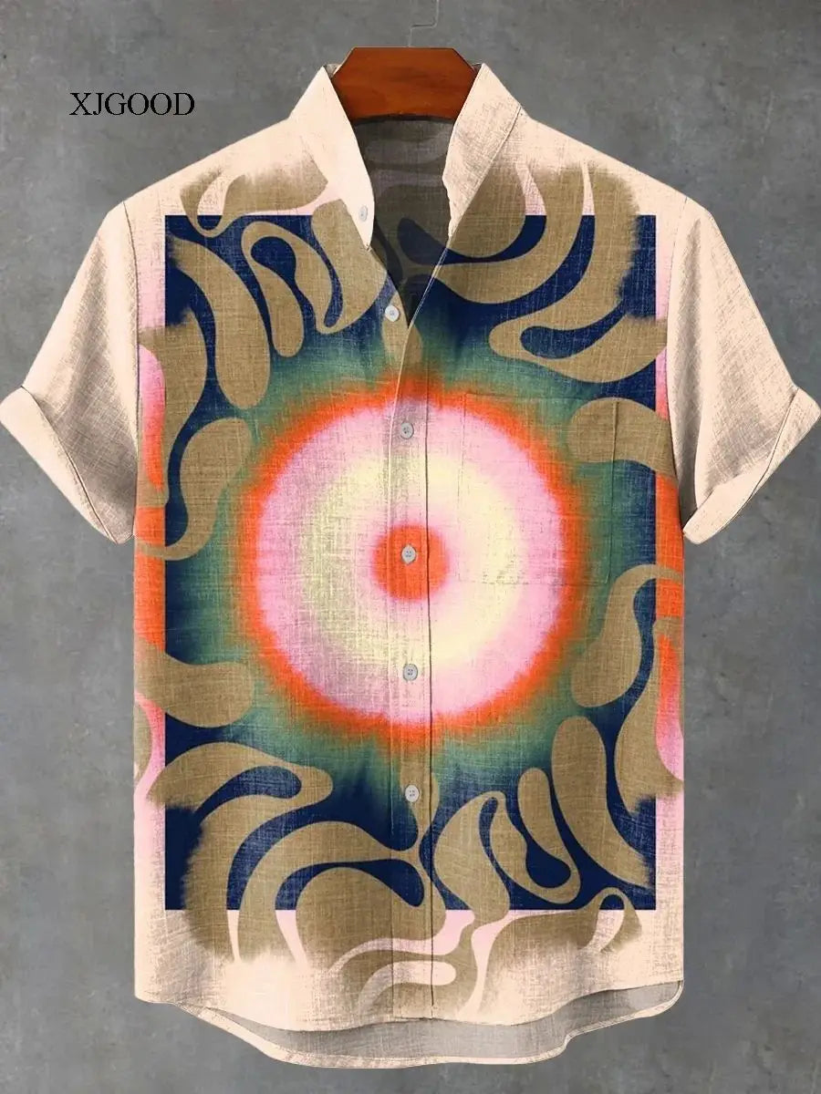 Men's Short Sleeve Printed Shirt Fashion Urban Style Polyester Fabric Loose Fit Casual Wear Turn-down Collar Classic Design