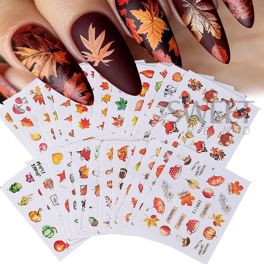 24pcs Fall Maple Leaf Nail Stickers Water Transfer Decals Geometry Leaves Mushroom Turkey Pumpkin Squirrel Design Manicure Decor