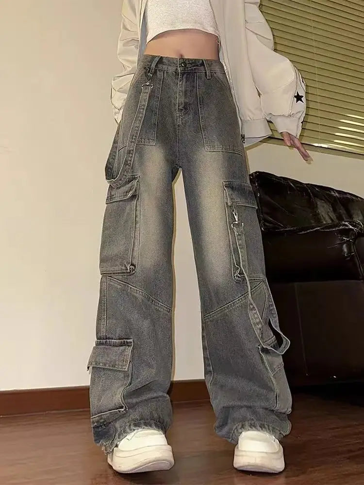American Vintage Washed Multi-Pocket Cargo Jeans for Women High Waist Streetwear Loose Wide Leg Trendy Designer Denim Trousers