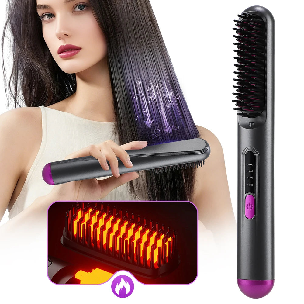 Cordless Hair Straightener 4 Temp LCD Display Anti-scald Hair Straightening Brush Portable Rechargeable Hair Styler Travel Women