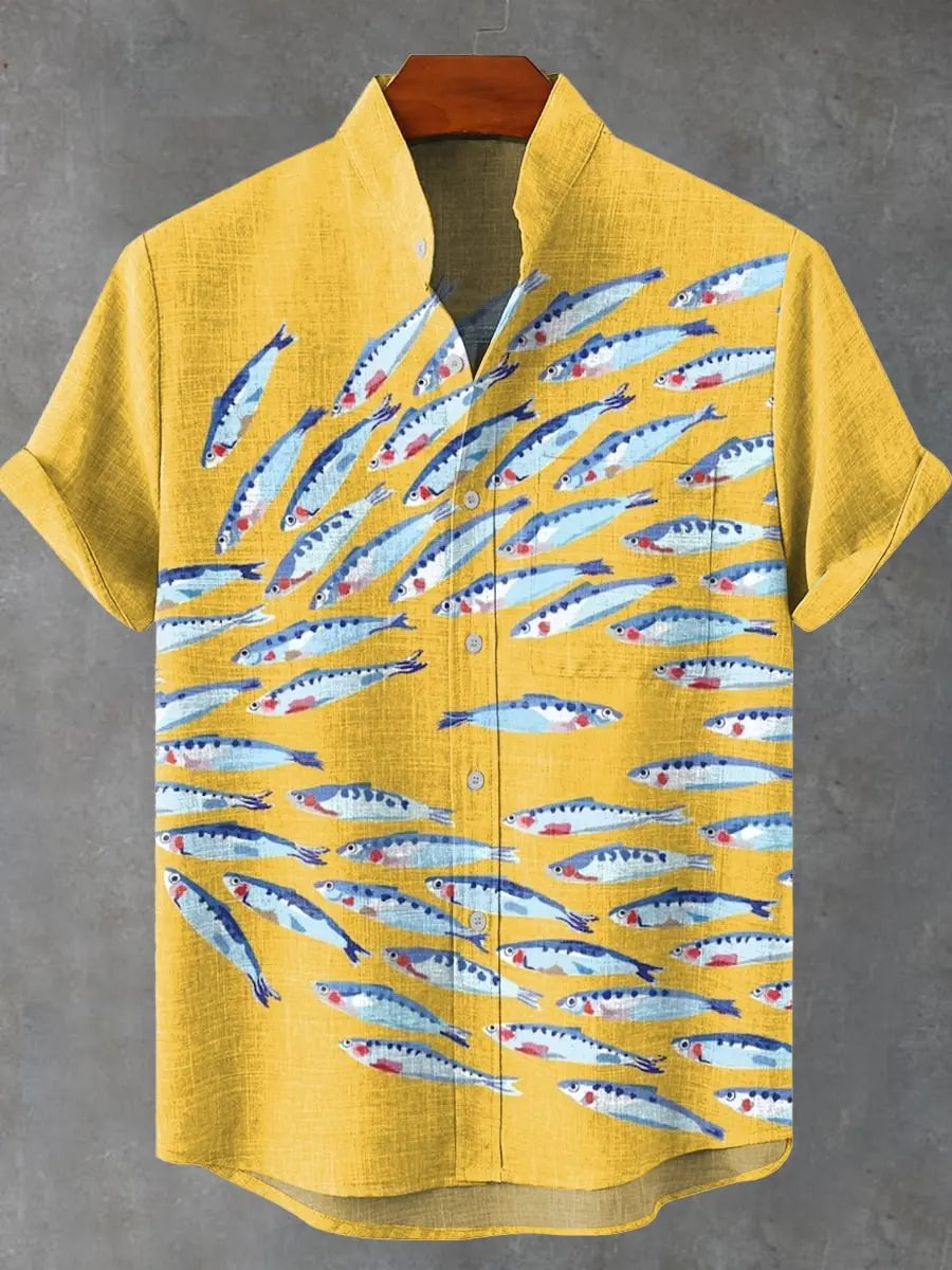Men's new summer beach casual fish pattern short sleeved shirt fishing enthusiast clothing linen button up shirt