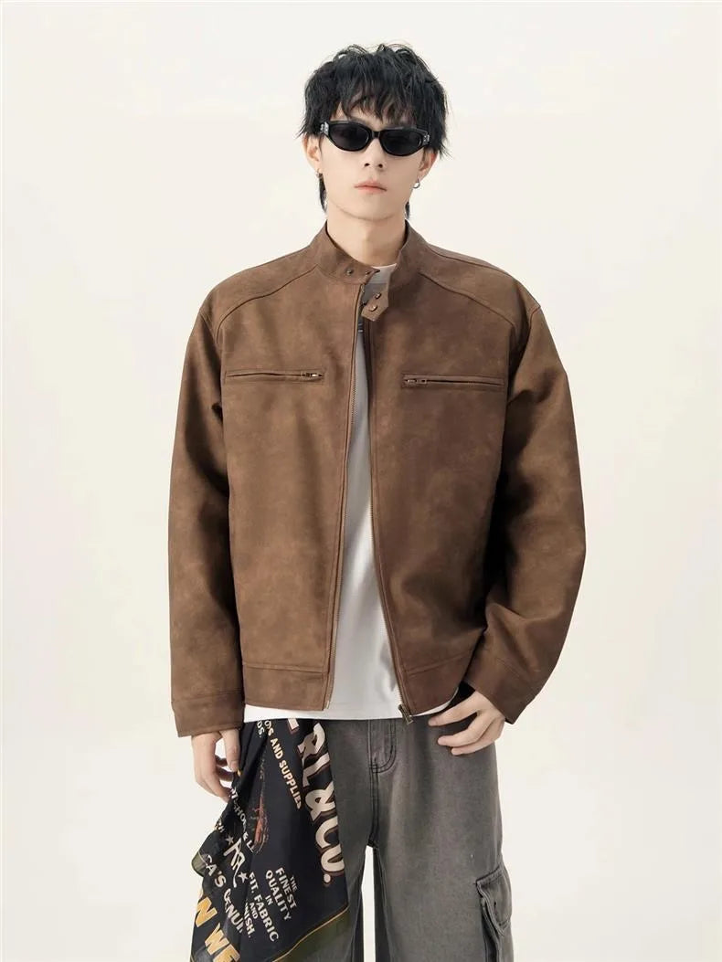 Men's American Retro Brown Leather Jacket Men Motorcycle Er Jacket Casual Baseball Varsity Coat Couple Streetwear Outerwear