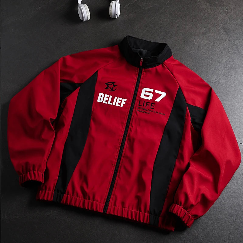 Jacket Man American Street Retro Color Block Stand Collar Jacket Zip Up Loose Trendy Letter Print Fashion Casual Streetwear Coat