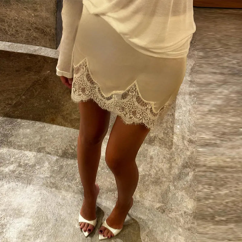Elegant Women's Lace Satin Spliced Mini Skirt High Waist Short A-line Skirts Female 2025 Summer Autumn Lady Streetwear